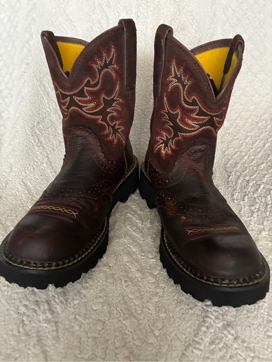 Ariat Shoes - ARIAT Brown Leather Western Work Boots with Red & Yellow Stitching